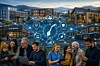 Gruppe mennesker står foran moderne bygninger med et digitalt nettverk av ikoner og linjer over landskapet.