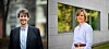 To personer poserer foran en bygning med lyse vegger og vinduer.