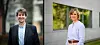 To personer poserer foran en bygning med lyse vegger og vinduer.