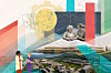 Digital collage med bylandskap, arkitekturskisser, transportlinjer og to personer i forgrunnen.