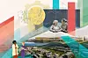 Digital collage med bylandskap, arkitekturskisser, transportlinjer og to personer i forgrunnen.