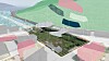 Digital oversikt over et planlagt byområde med bygninger, veier og et grønt gårdsrom.
