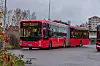 To røde bybusser står på en holdeplass i overskyet vær.